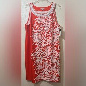 NWT Sandra Darren Sleeveless Coral and White Dress Palm Leaf Pattern 24